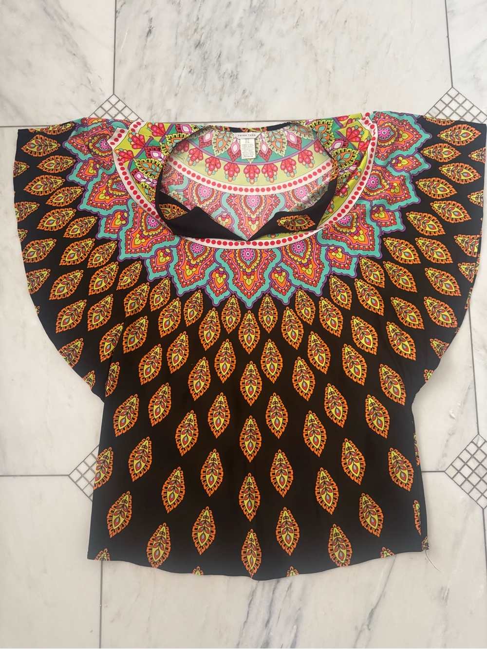 Trina Turk Black Tunic Top with Multicolor Mandala Print